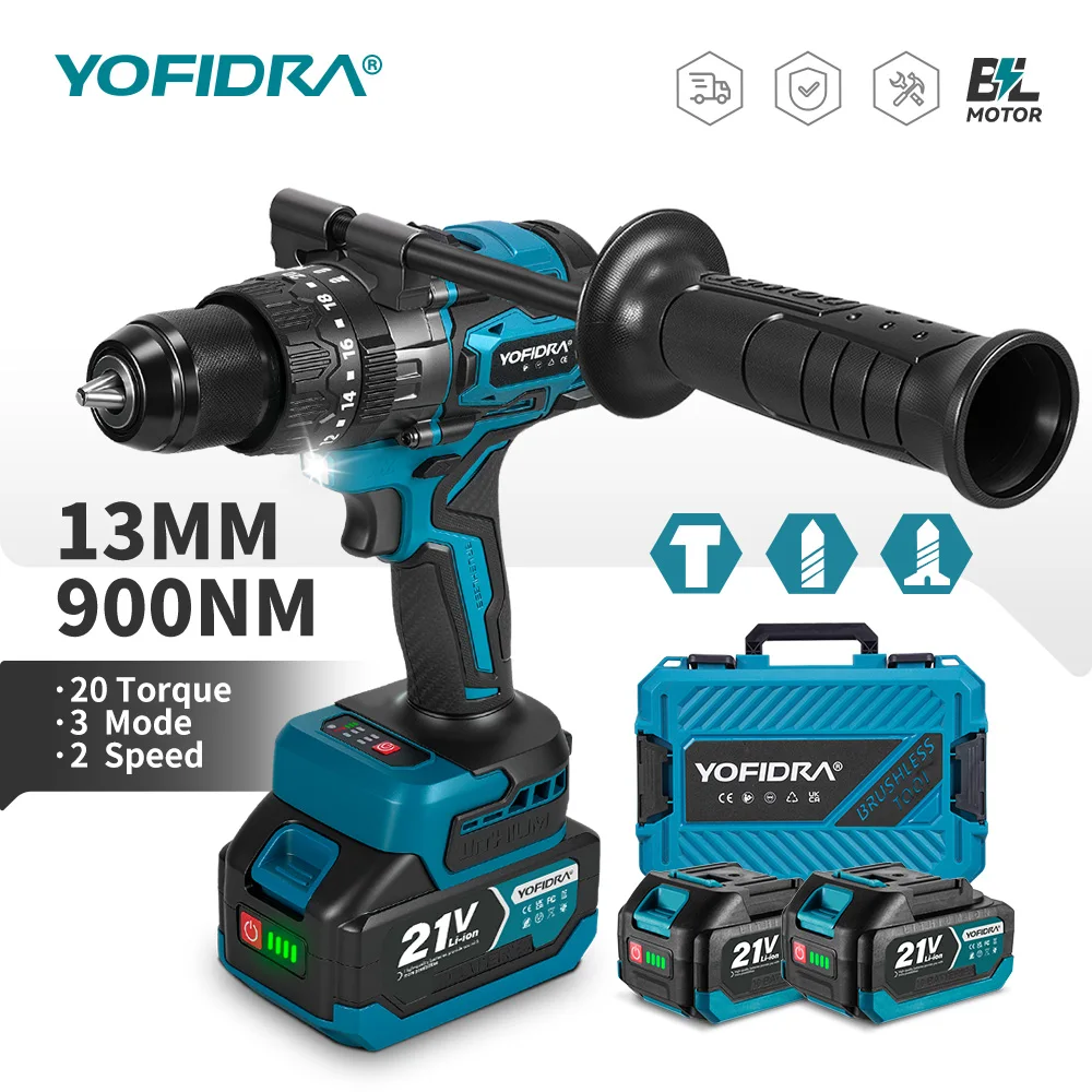 YOFIDRA 20+3 Drehmoment Bürstenloser Elektrischer Schlagbohrer 900N.M Kabelloser Bohrschrauber Holzbearbeitungs-Elektrowerkzeug für Makita Akku