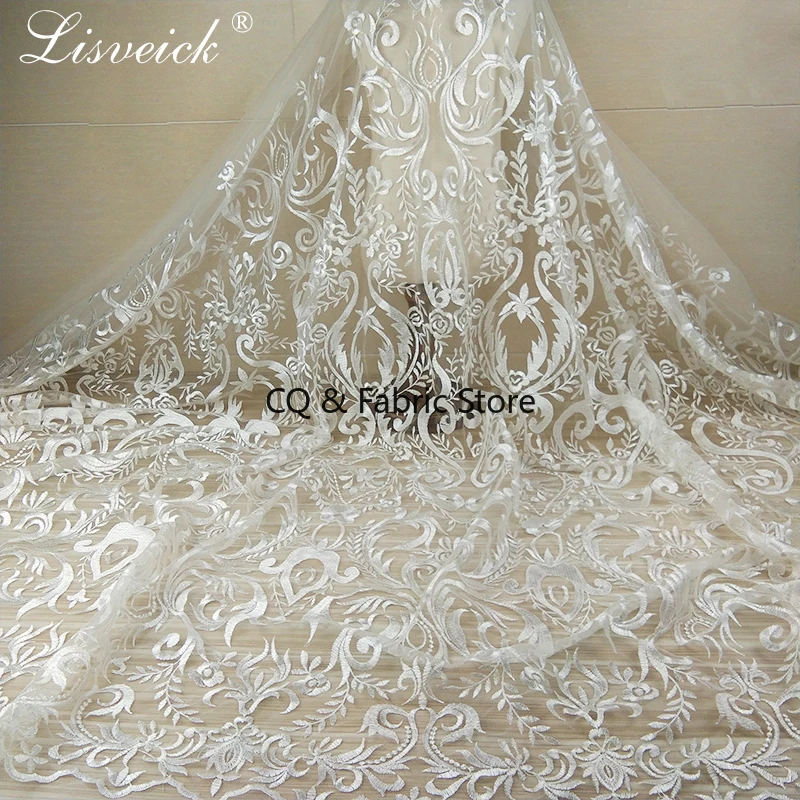

1yard New Style Vintage Embroidery Polyester Net French Nigerian Lace Fabric In White For Wedding Dress, Home Party Decoration