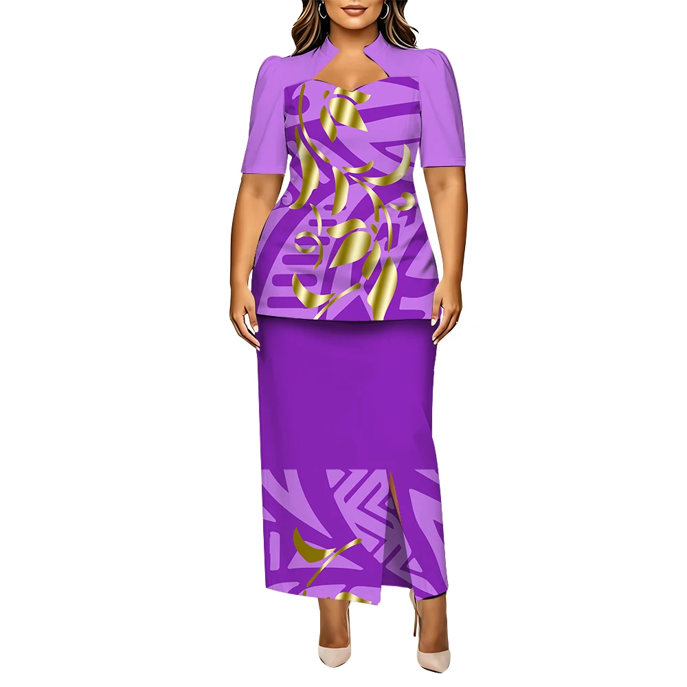 Tribal Designs A High-Quality Polynesian Women's Custom Puletasi Style High-Necked Skirt With A Slit At The Hem