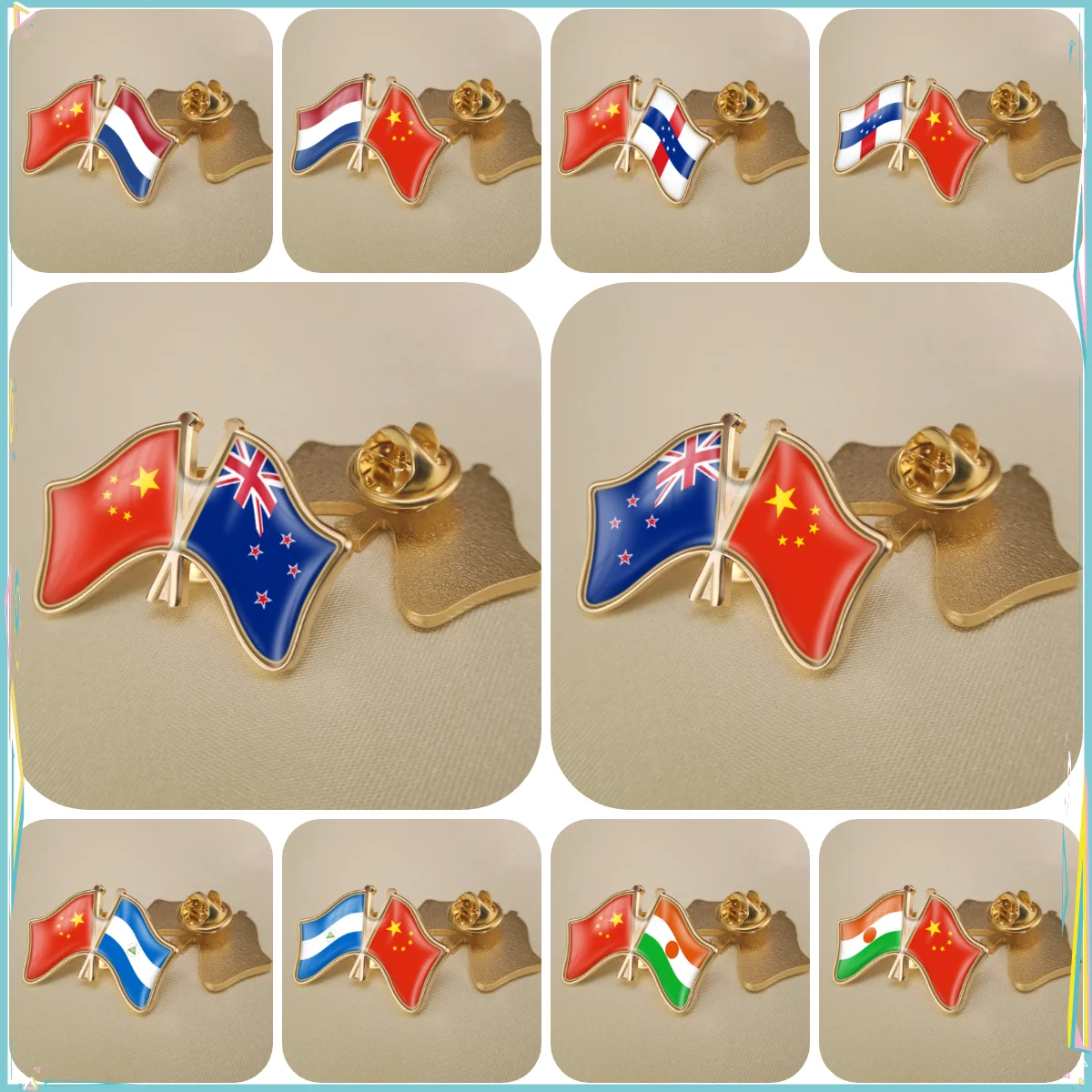 China and Netherlands Netherlands Antilles New Zealand Nicaragua Niger Crossed Double Friendship Flags Lapel Pins Brooch Badges