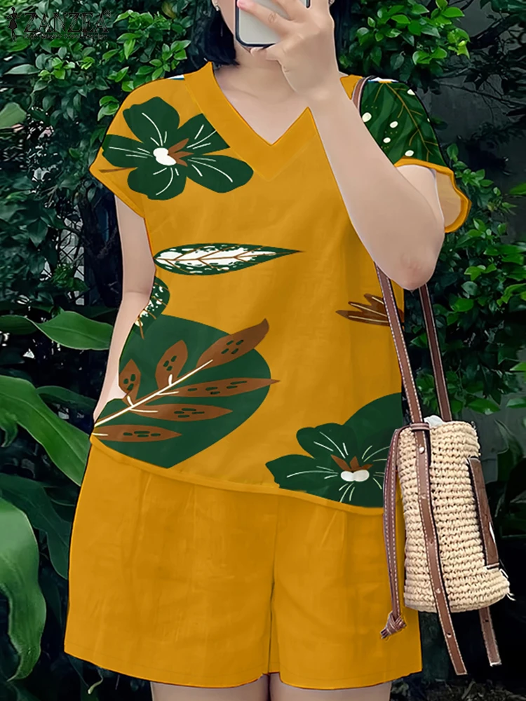 

2025 ZANZEA Summer Outfits 2PCS Women Floral Printed Blouse Short Sets Casual V Neck Short Sleeve Tops Suit Vintage Matching Set