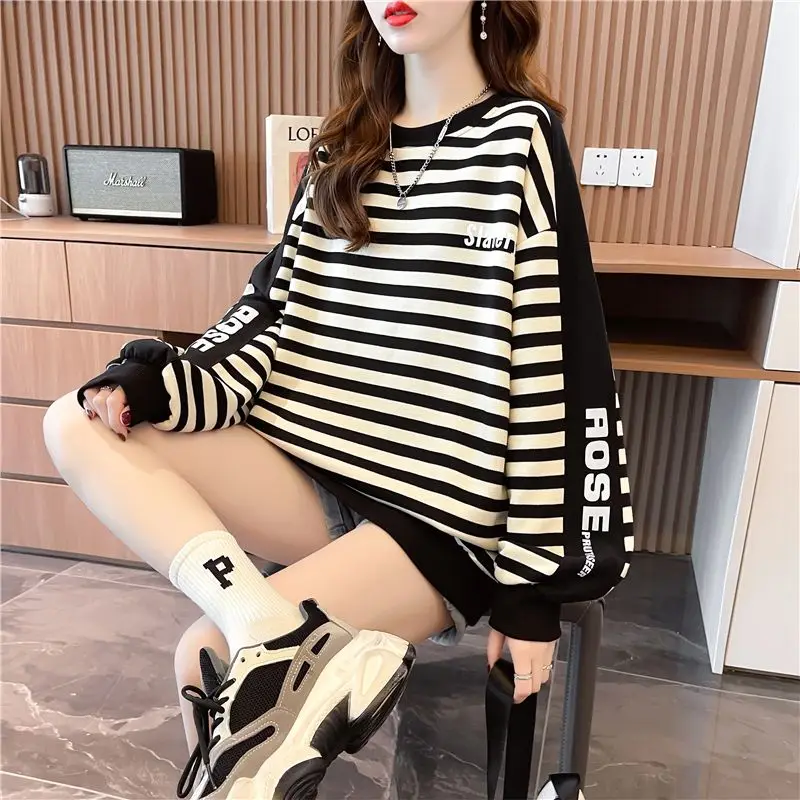 Loose Pullovers Black Striped Warm Women\'s Sweatshirts Long Cold Baggy Thick Autumn and Winter Female Top Aesthetic Coat New In