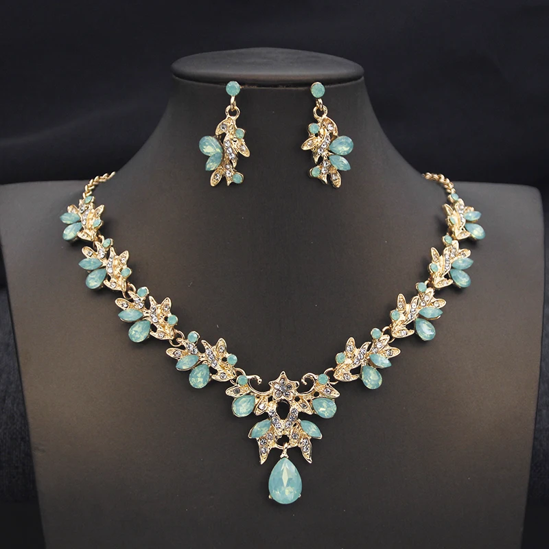 Elegant Butterfly Opal Green Bridal Jewelry Sets for Women Earring Necklace Set Wedding Dress Jewelry Sets 3 Pcs Gifts