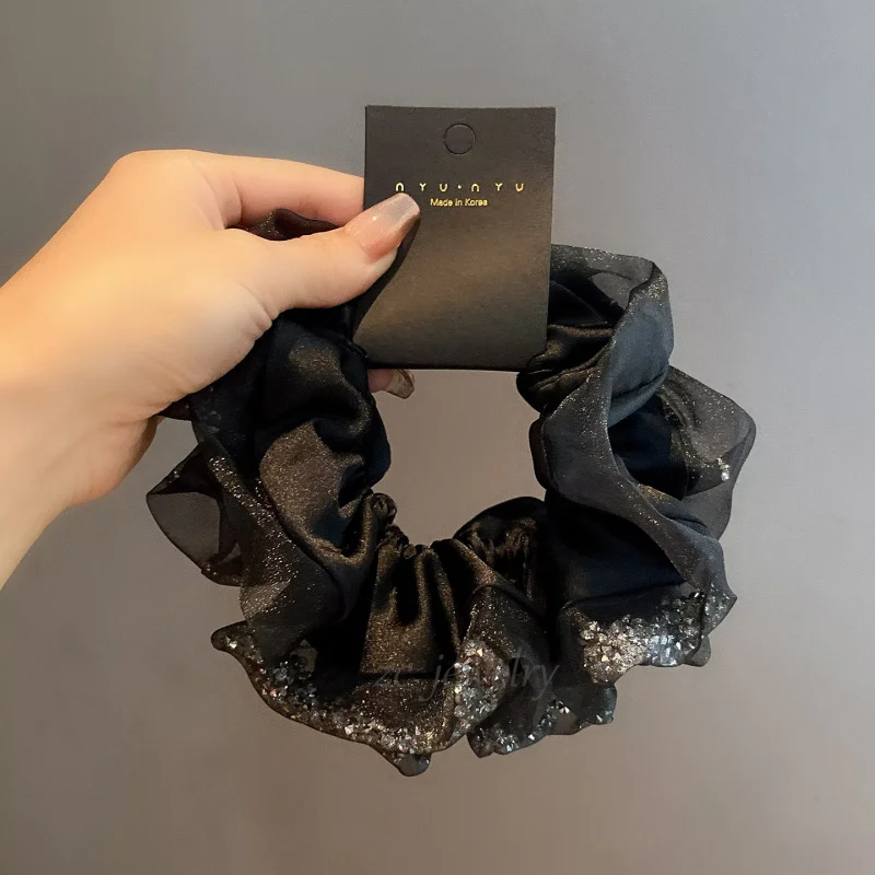

Fashionable Light Luxury Black Starlight Crushed Diamond Double Layer Elegant Large Scrunchie for Women High-End Feel Elegant Ha