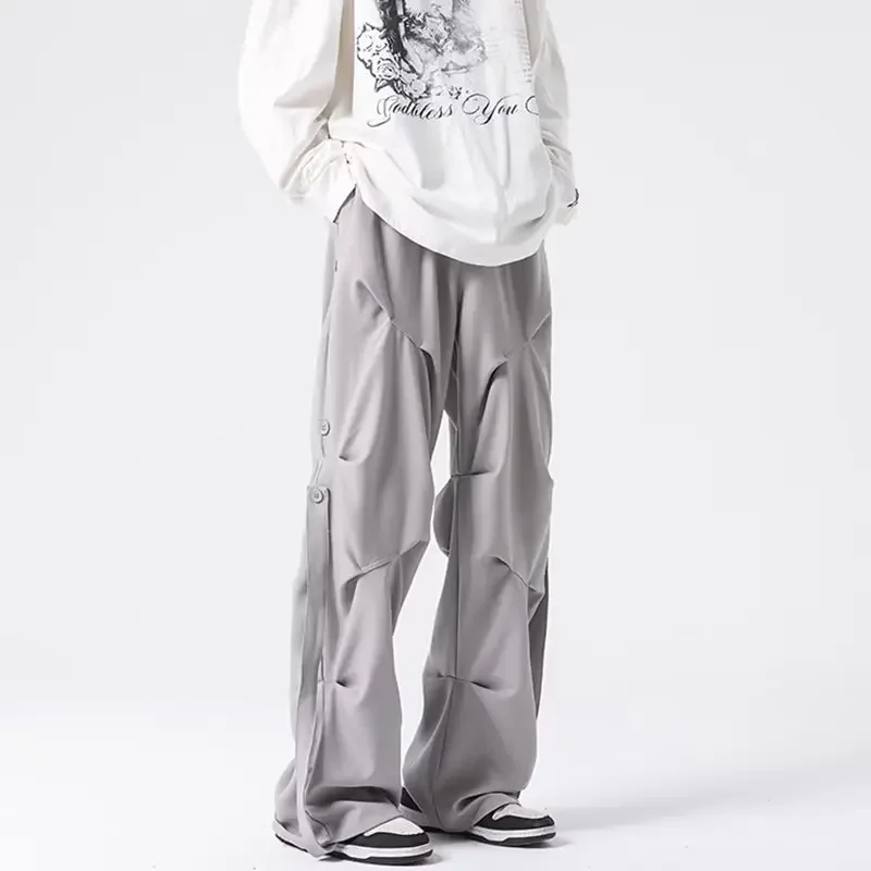 Y2K Casual Women Wide Leg Elastic Waist Pants 2024 Autumn Korean Streetwear Oversized High Waist Joggers Grey Pleated Trousers