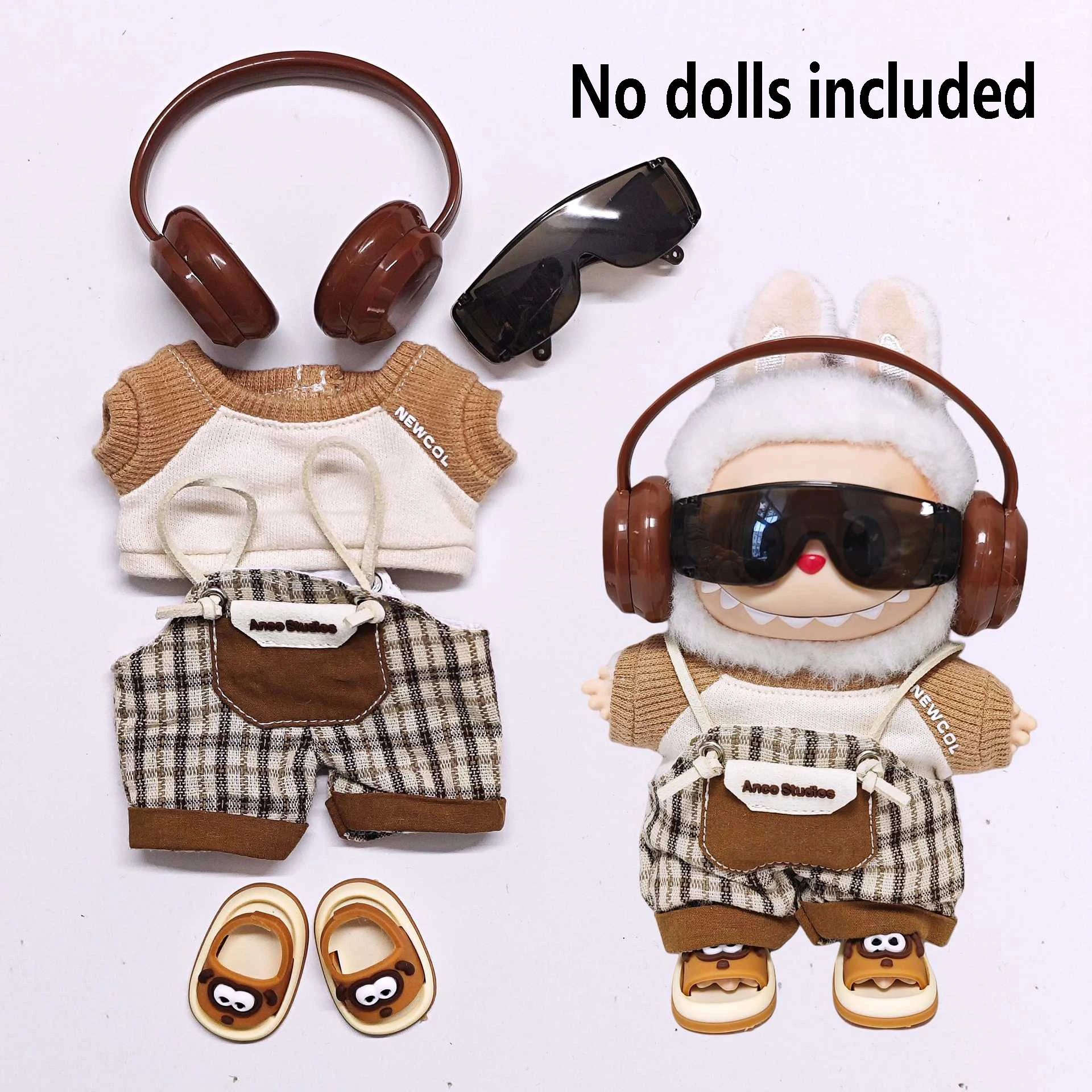 ل Labubu عالية الجودة ملابس دمى 15 سنتيمتر-17 سنتيمتر البني تي شيرت متقلب وزرة مجموعة Labubu الملابس العالمية