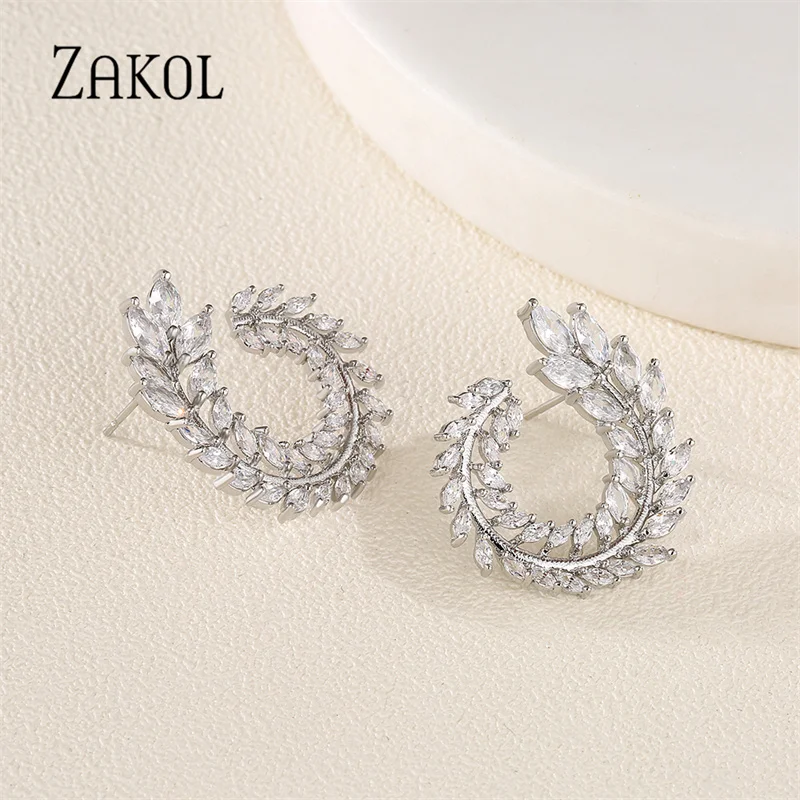 ZAKOL Fashion Leaf AAA Zircon Wedding Jewelry Sets For Women Party Gift Sliver Color Crystal Earrings Necklace Set Wholesale