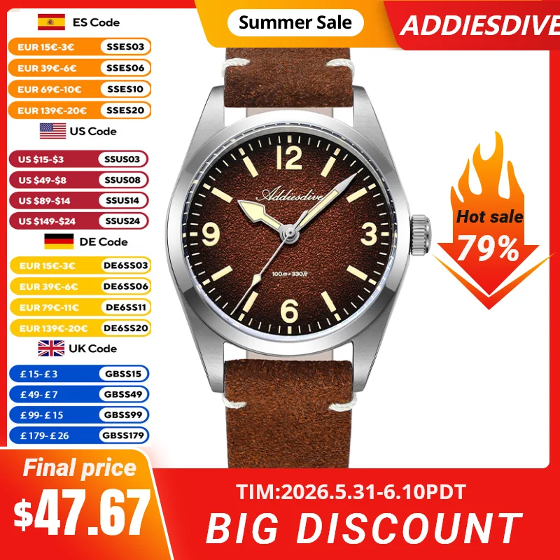 

ADDIESDIVE Men’s Luxury Quartz Watch 36mm Sapphire Crystal 100M Dive Waterproof C3 Luminous New Leather Strap Wristwatch AD2544