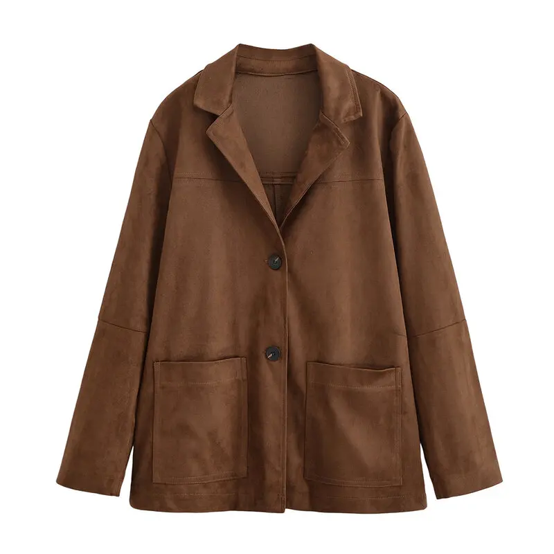 

Autumn 2025 Women's Loose Versatile Faux Leather Jaet Warm Long Sve Suit Coat Casual Commute Sle Pure Color Design