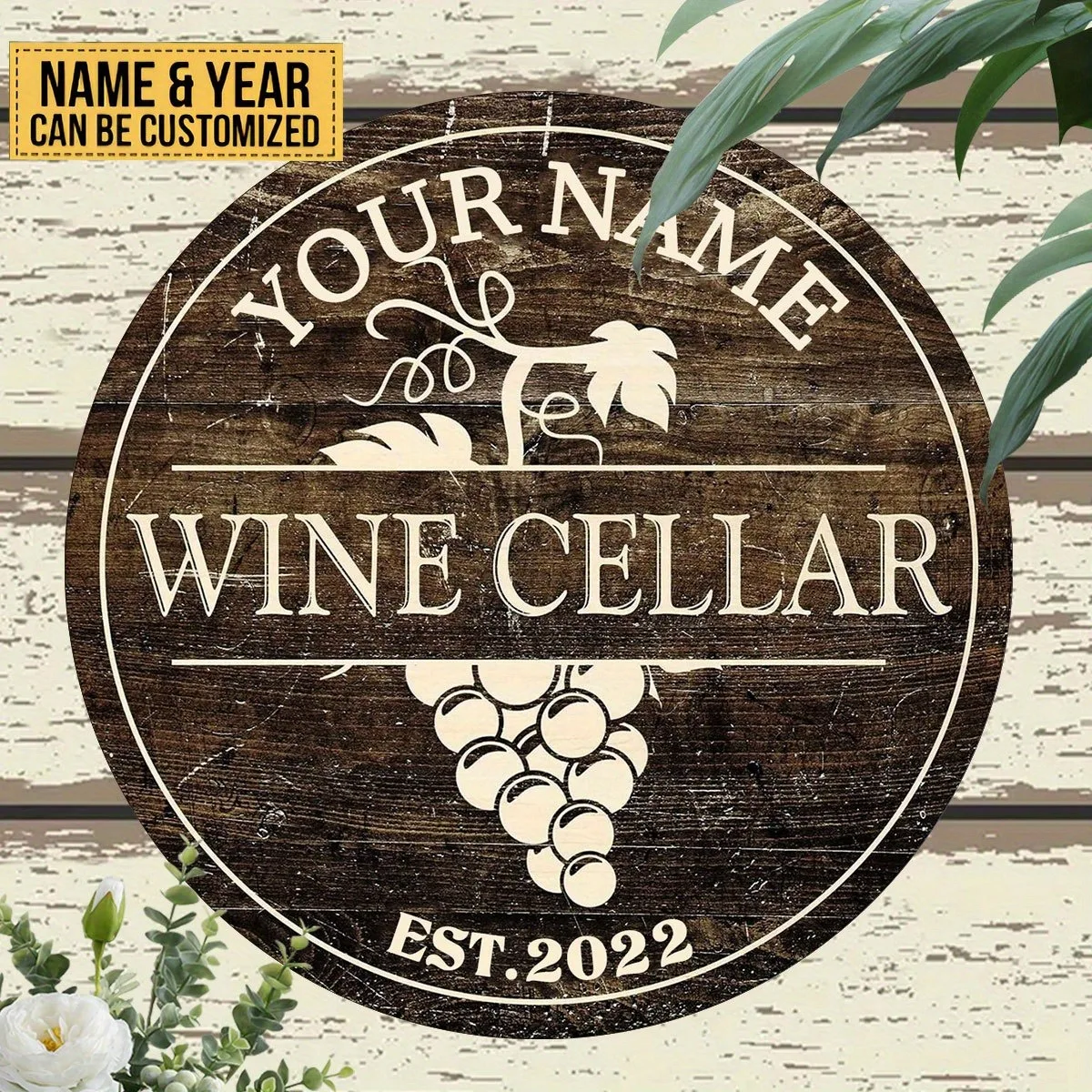 Letrero de Aluminio Personalizado para Bodega de Vinos de 8x8 Pulgadas con Nombre | Texto Personalizado del Año | Decoración para Cuarto de Hombre, Regalo de Inauguración de Casa o Boda