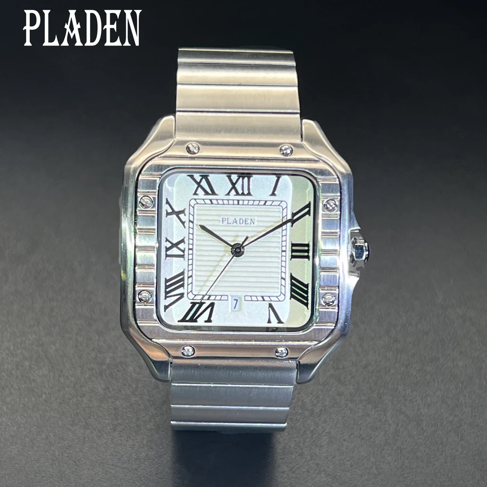 PLADAN Luxury Brand Male Watch Fashion White Square Stainless Steel Wristwatch Business Quartz Watches For Men Dropshipping