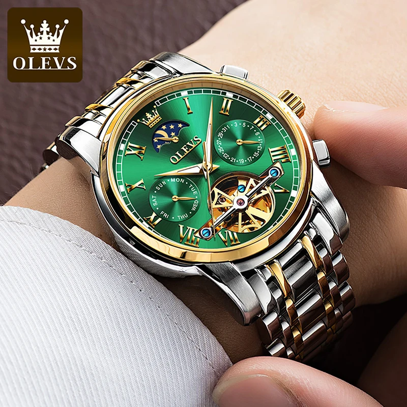 OLEVS Mens Watches Top Brand Luxury Gold Plated Men Green Water Ghost Mechanical Watch Watch Fashion Hollow Dial Waterproof 6617