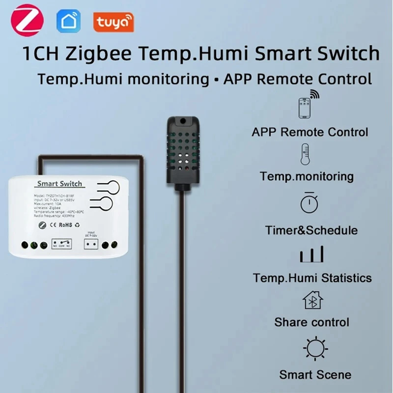 【Superdeals】Tuya Zigbee 1 Gang Smart Switch مع مستشعر درجة الحرارة والرطوبة، تطبيق Tuya Smart Life، مرحل الاتصال الجاف السلبي