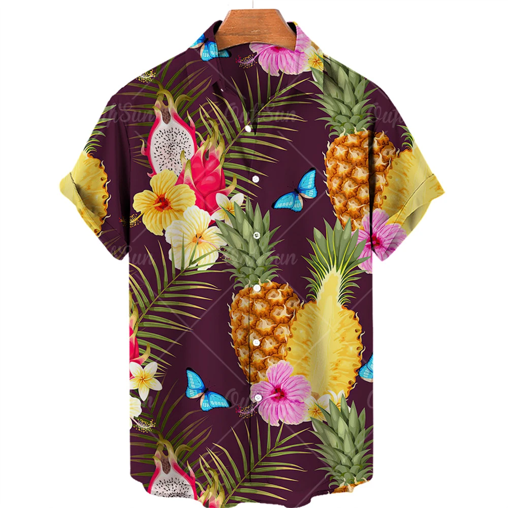 Camisas hawaianas de manga corta con estampado de frutas para hombre, Tops con patrón de piña, ropa informal de moda, camisa suelta de verano