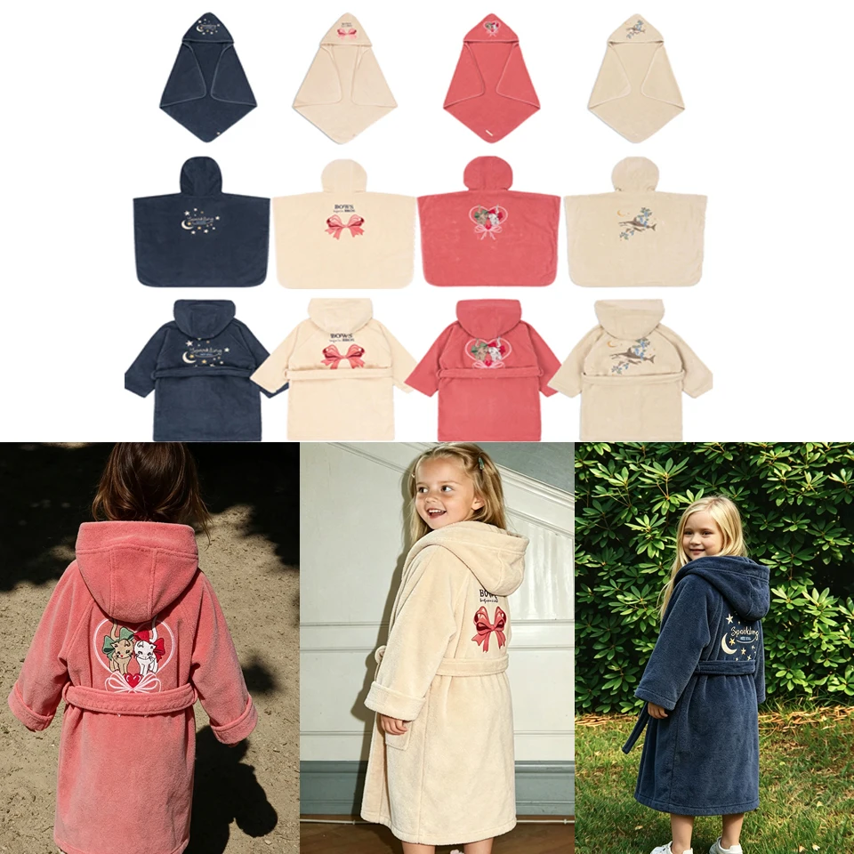 26 KS Baby Boys Cartoon Flannel Hooded Bathrobe Towel Cherry Lemon Embroidery Comfortable Cotton Bath Kids Girl HomeWear Pyjamas
