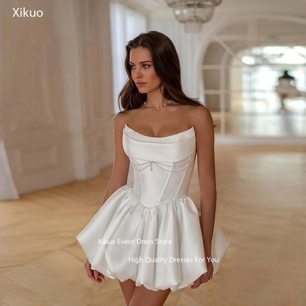 Xikuo Pearls A Line Pleated Wedding Dress Elegant Satin Civil Modern Bridal Gowns White Strapless Homecoming Dresses Customized
