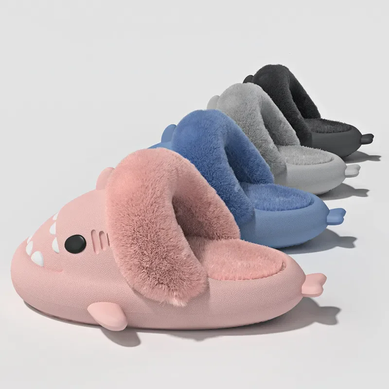 Men Women Shark Slippers Detachable EVA Waterproof Warm Cotton Plush Home Slippers Winter Indoor Fluffy Slides Non Slip Shoes