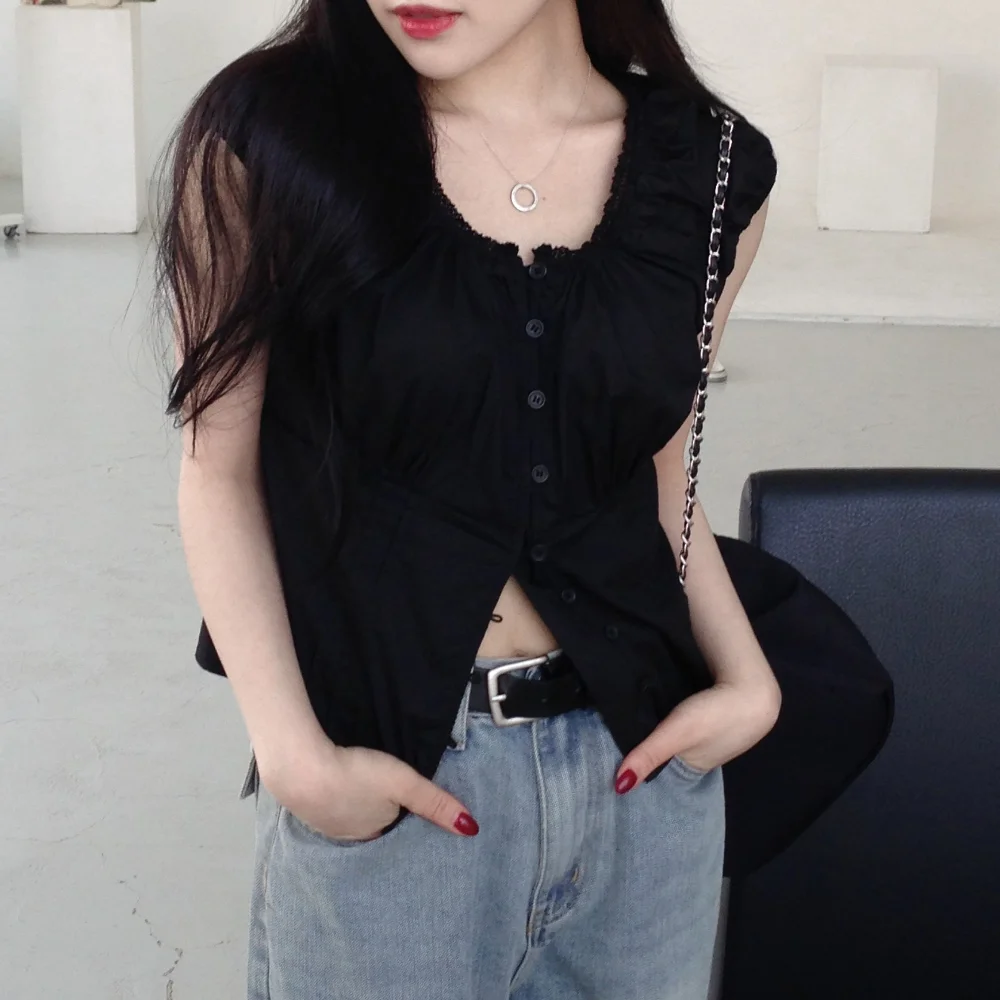 Coréen Sle Sweet Lace Single Button Femmes irt Polyvalent Summer Faion de Dongdaemun ort Sve rond Ne o...