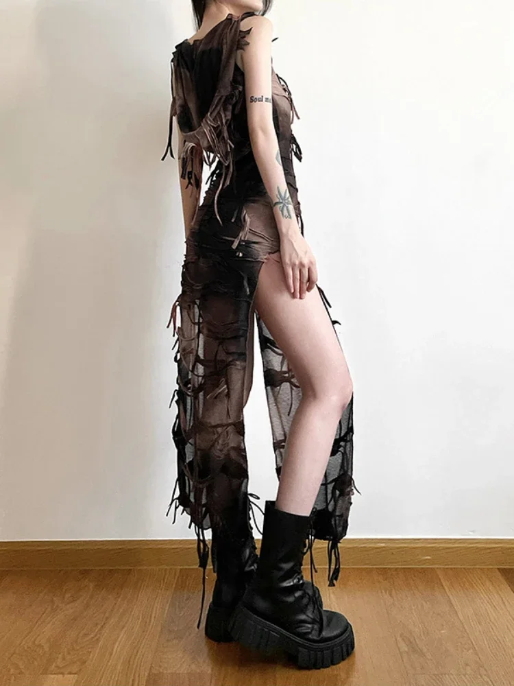 Zomer Streetwear Vrouwen Fee Jurken Y2k Esthetische Basic Split Bodycon Jurk Harajuku Vintage Tie-dye Grunge Vestidos
