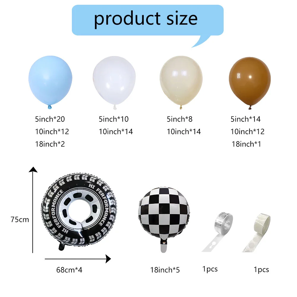 118Pcs Tire Balloon Garland Arch Kit Checkered Car Wheel Foil Balloon Boy's Birthday Party Baby Shower Decoration