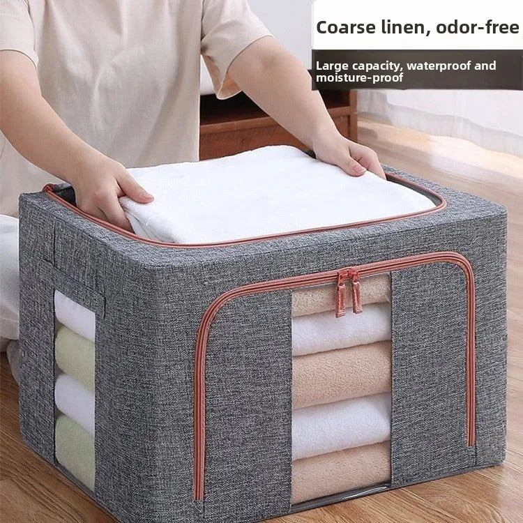 

Коробка для хранения одежды и игрушек из хлопка и льна для домашнего использования, влагостойкая, пыленепроницаемая, с металлическим каркасом, для одеял