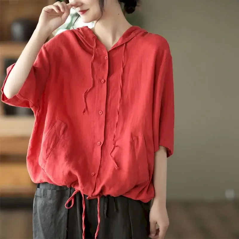 Hooded Blouse Women Vintage Sandwashed Linen Drawstring Short Sleeve Shirt Temperament Casual Cardigan Outwear Shirts Y2k Summer