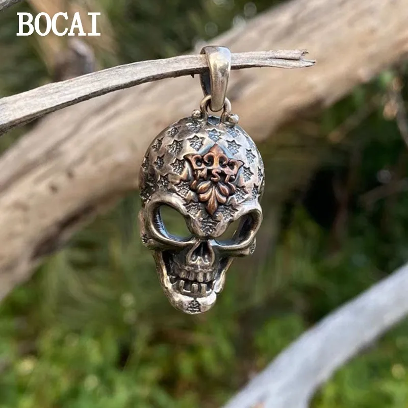 BOCAI New S925 Sterling Silver Diablo Retro Vintage Fine Carving Ghost Death Skull Pendant.