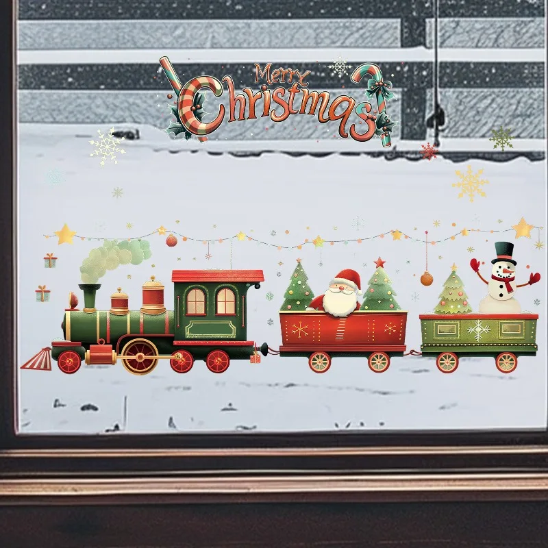 Santa Train Christmas Wall Stickers Removable Self-Adhesive For Kids Room Restaurant Shop Decor