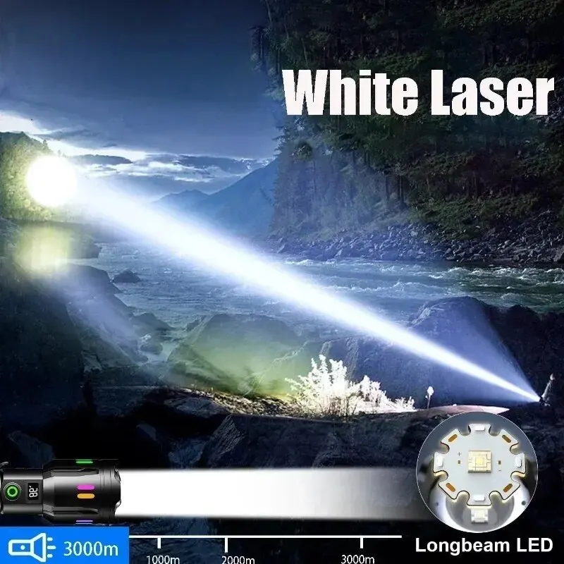 High Power White Laser Flashlight with Luminous Strips TYPE-C Rechargeable Zoomable Camping Lamp With Battery Indicator