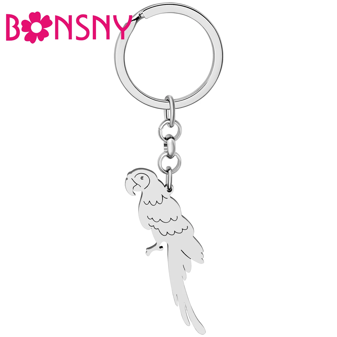 Bonsny  Silver Plated Tropical Rainforest Macaws Key Ring Stainless Steel Parrot Keychains Car Bag Key Chain For Women Gifts