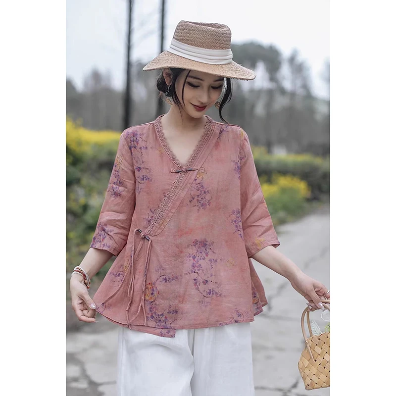 Retro Chinese Sle Vlasprint irt Dames plus Size Bloemen Kanten Kraag Gordel Vijfkwart Sve Top Casual Zomerblouse