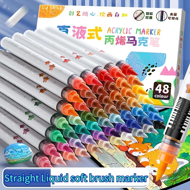 Soft Tip Brush Marker Set 12-48 Colors Straight Liquid Oily Art Markers for Graffiti Manga Drawing Painting - Art Supplies