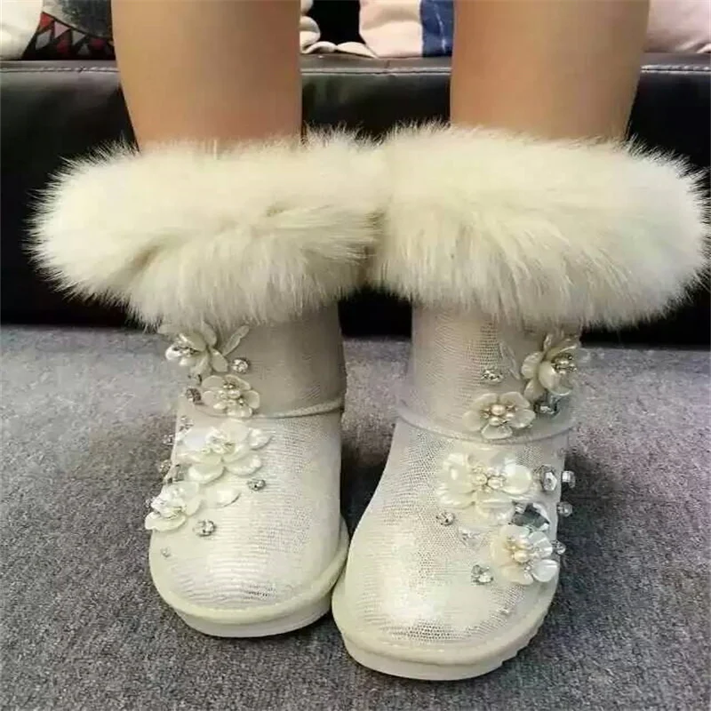 Design pearl three-dimensional flowers natural fox hair in the tube female fur one snow boots large size warm cotton shoes 35-44