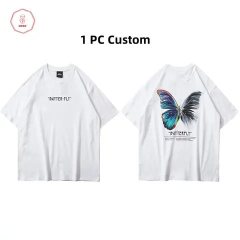 2025 streetwear 하라주쿠 컬러 나비 티셔츠 반소매 코튼 루즈 힙합 티셔츠 플러스 사이즈 힙합 오버 사이즈 티셔츠 남성