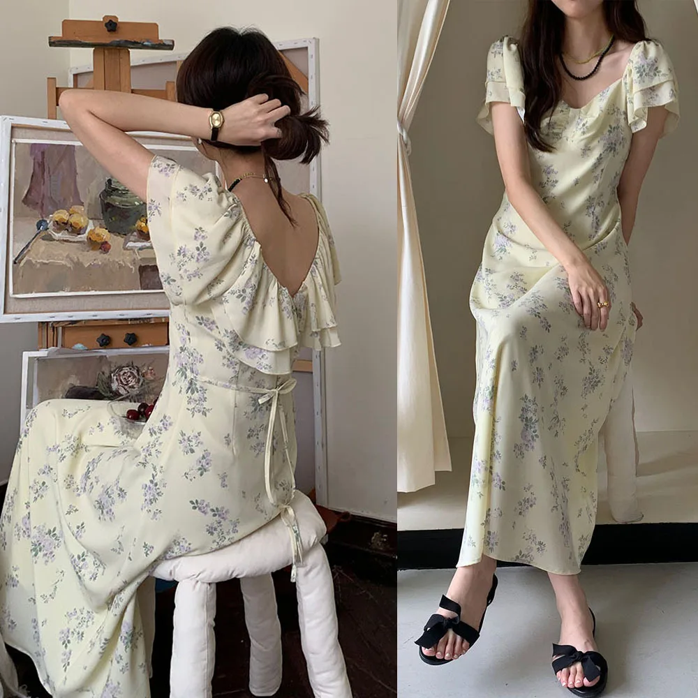 

French Elegant Square-neck Floral Puff-sleeve Yellow Tea Dress For Women Slim Lace-up Pastoral Fairy A-line Dress Korean Summer