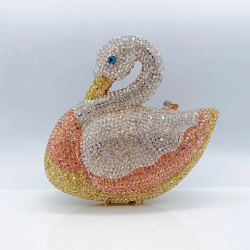 XIYUAN بجعة على شكل الذهب الماس مساء حقائب رائع الفضة حجر الراين مخلب معدني حفل زفاف المحافظ سيدة حقائب الزفاف