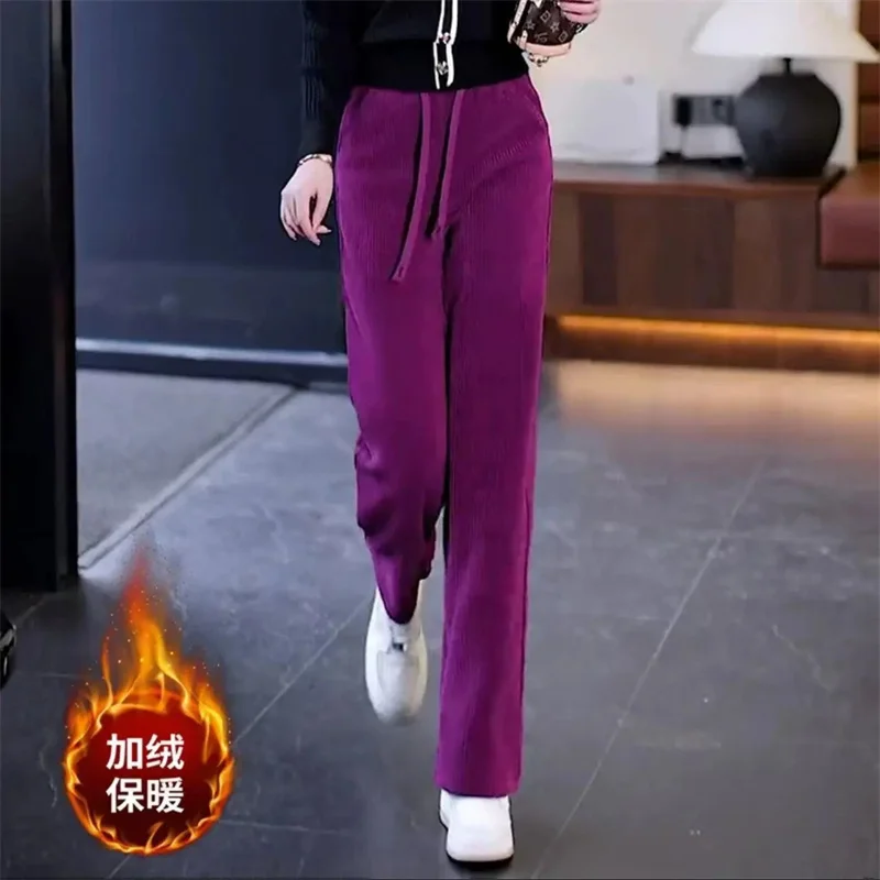 Fluwelen gewatteerde casual broek toe Dame herfst winter nieuwe 2025, hoge taille corduroy broek dames grote maat rechte broek vrouwelijk