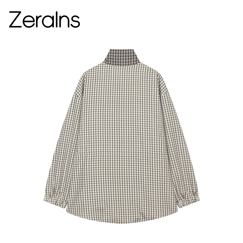 ZERAINS 2026 new women's long sleeved stand up collar casual waist cinched plaid jacket beige trench coat