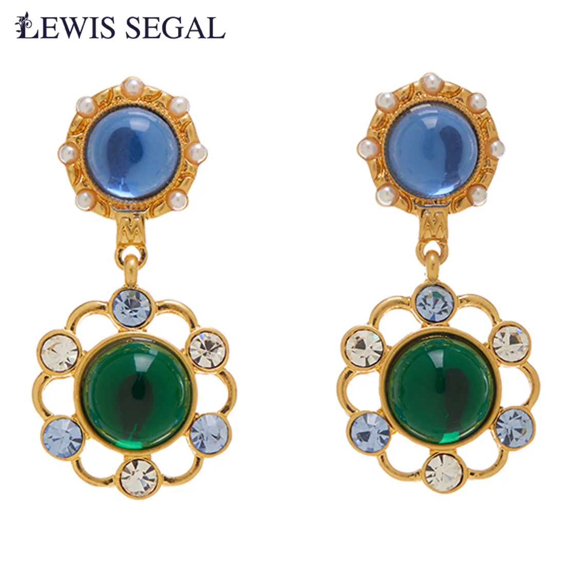 LEWIS SEGAL Skeleton Drop Blue Emerald Dangle Earrings for Women Luxury Medieval Style Fine Jewelry 18K Gold Plated