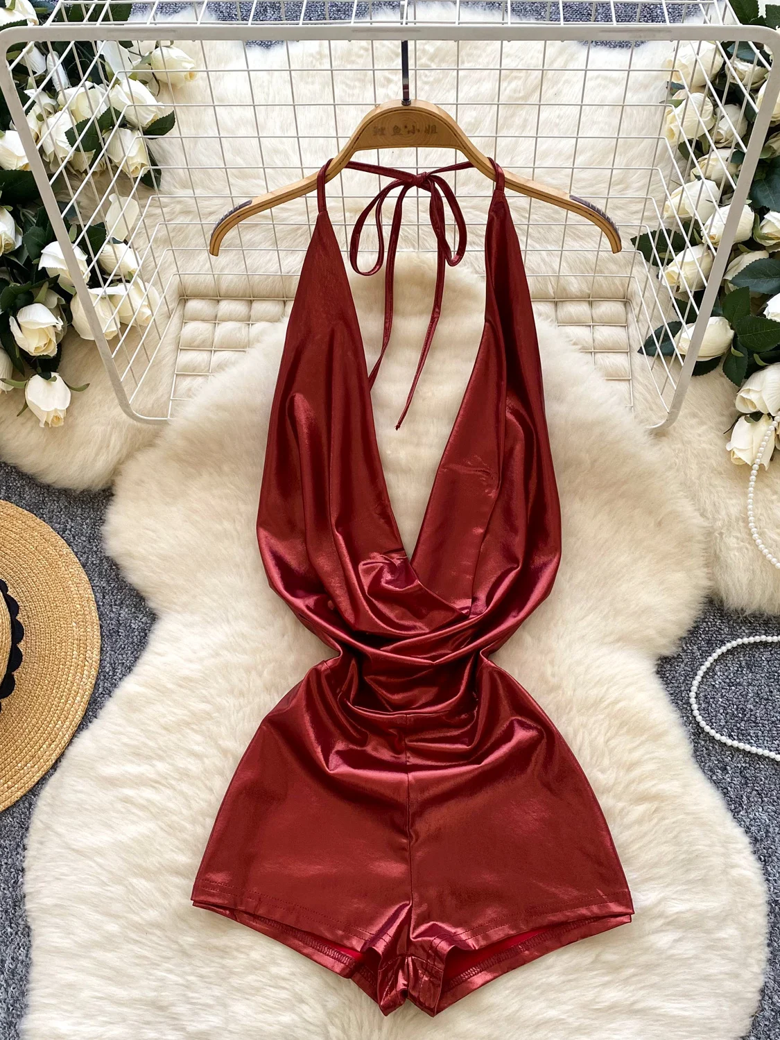 

Sexy Metal Color One-Piece Suit Women's Summer Pure Desire Hanging Ne Strap Slimming High Waist ort Pants Straight Leg