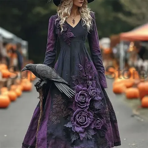 Halloween Purple Rose Print Dress Women's Loose-Fit V-Neck Long Sleeve Gothic Floral Dresses