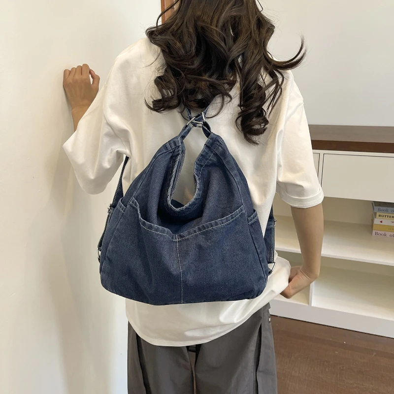 Washed Soft Denim Shoulder Crossbody Bag New Multi Pocket Denim Backpack Large Capacity Tote Bag Three in One Women Big Bag