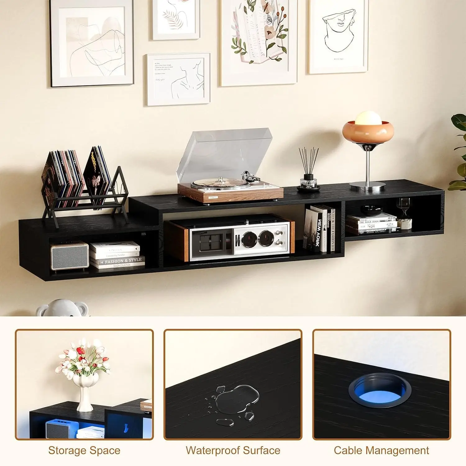 59 Inch Floating TV Stand with LED Light & Power Outlet, Black