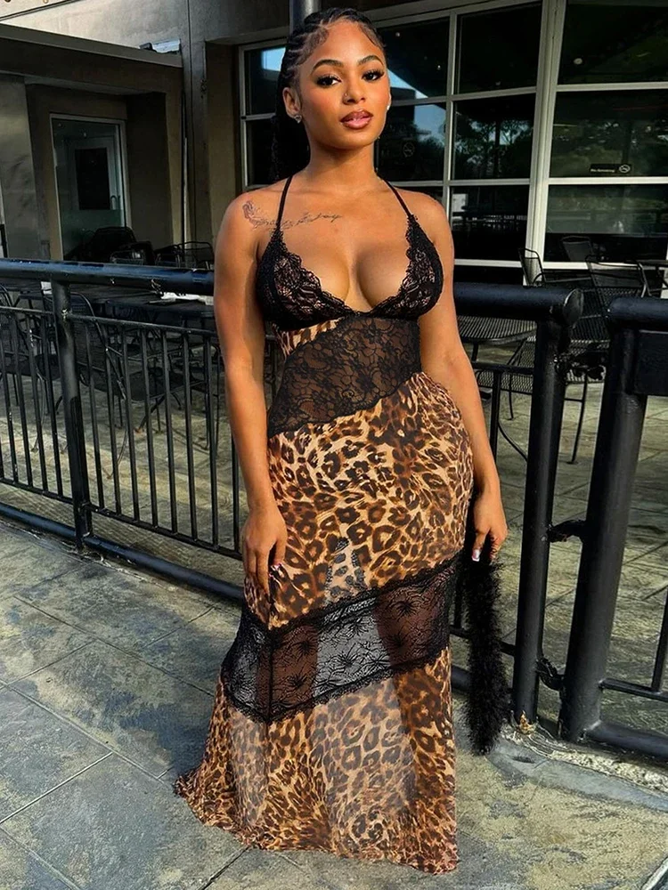 

BluWin Mesh Patchwork Mermaid Dress Women Leopard Print Sexy Low-Neck Cleavage Backless Ruched Midnight Fashion Long Bodycon