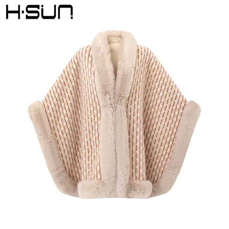 Winter New Women's Cape Coat Stripe Pattern Furry Collar Trim Loose Warm Trendy Elegant Fashion Commute Casual Daily Wear Cloak