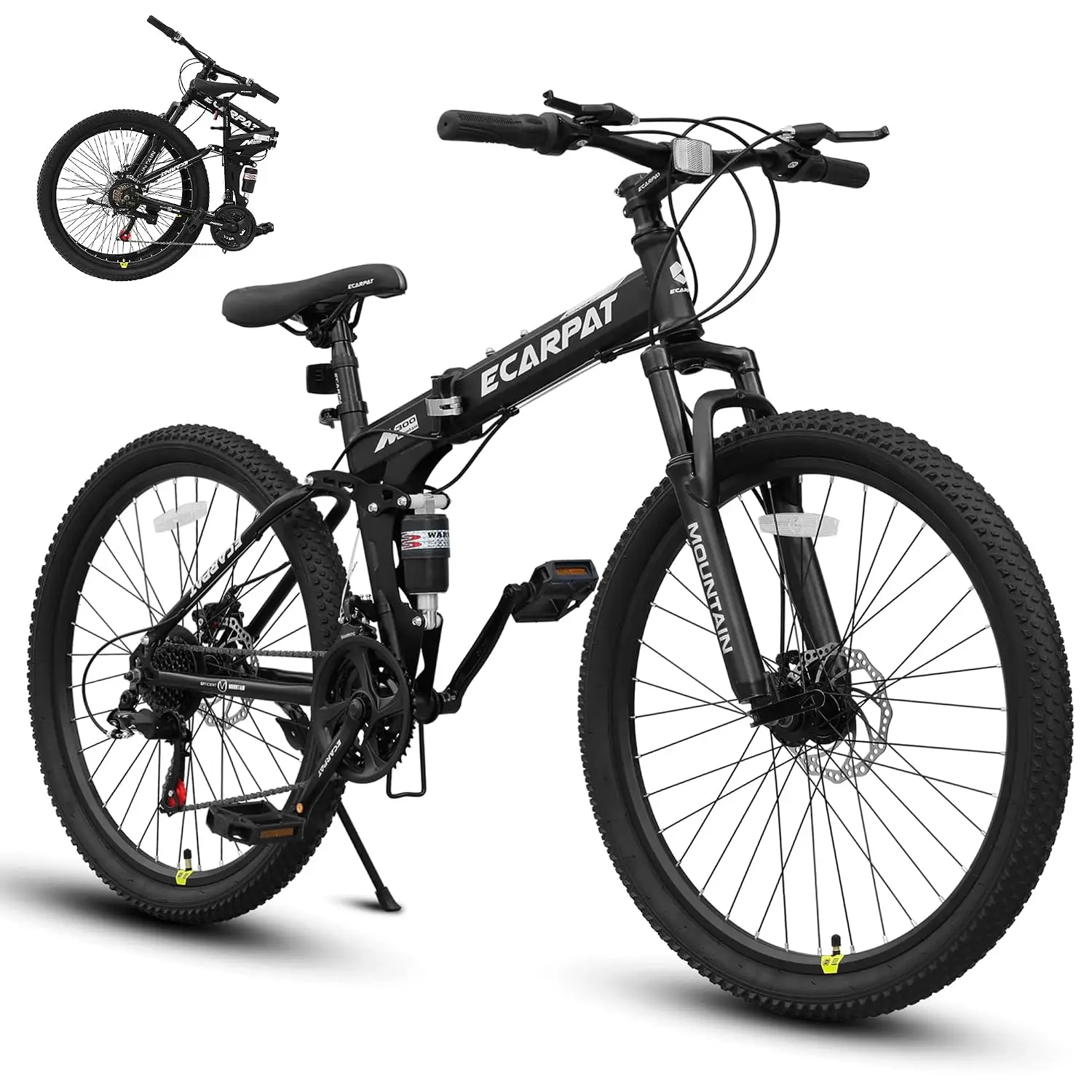 Dual Disc Brake, 21 Speed Gear System, High Carbon Steel Frame, Full Suspension Foldable Bike