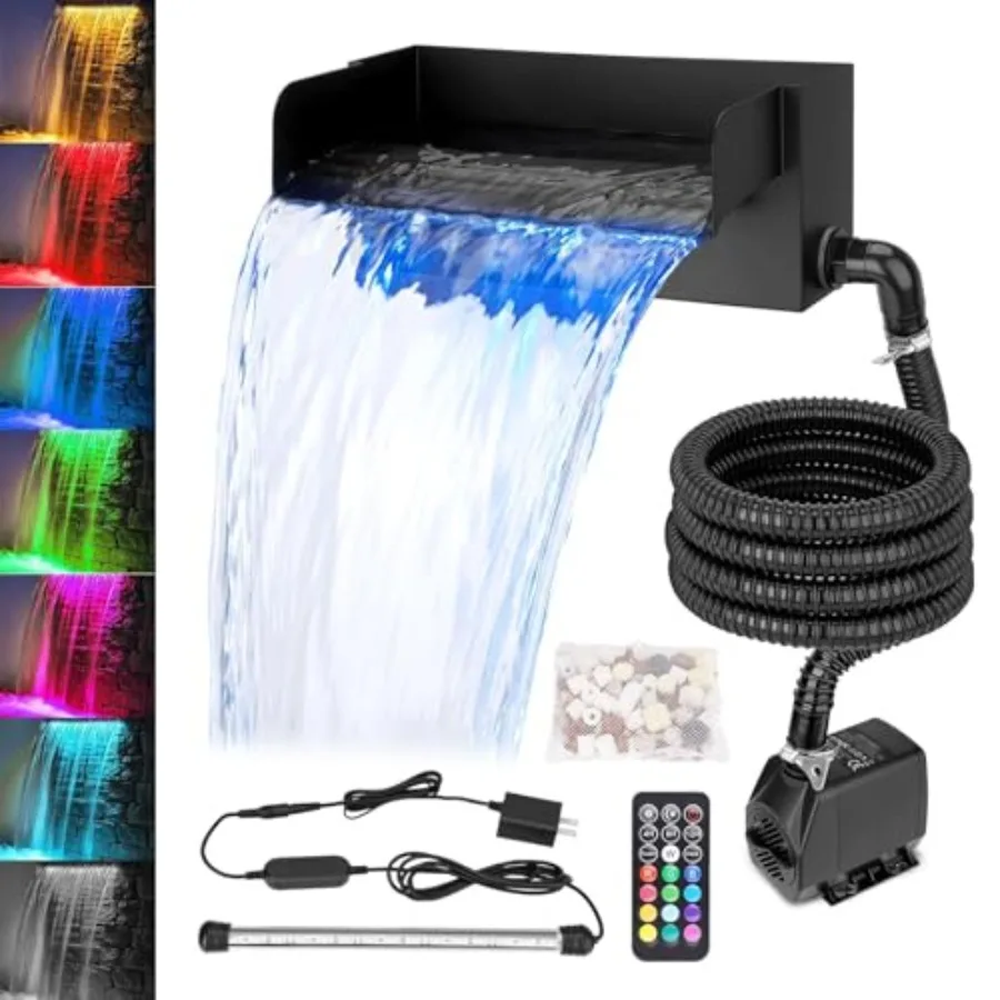 

Outdoor water feature kit: 304 stainless steel spillway in silver, 12-inch all-in-1 waterfall with LED light, 880 GPH 45W pump,
