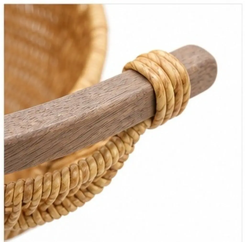 Imitation Rattan Woven Storage Basket with Wooden Handles Rustic Circular Design for Kitchen Pantry Bathroom Fruit Egg Bread