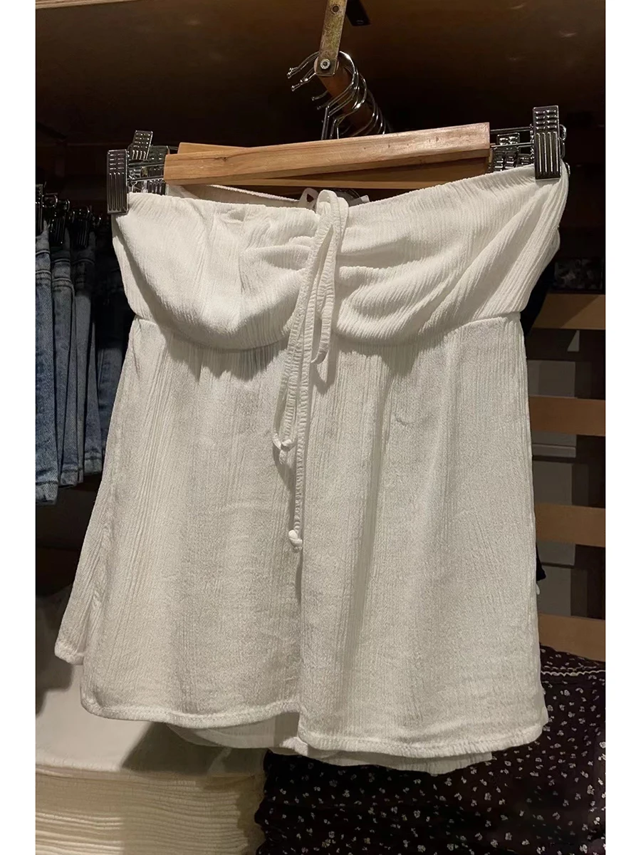 White Drawstring Strapless Crop Top Women Summer Side Split Slim Cropped Camisole Sweet Preppy Style Solid Tank Tops Y2k Clothes