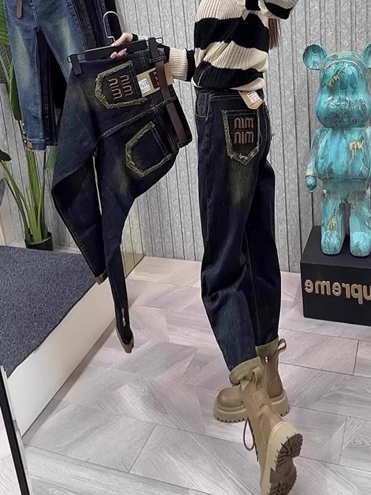 

Джинсы Harlan с высокой талией, женские эластичные утягивающие брюки-морковка больших размеров, длинные брюки для папы, осенний сезон, против морщин